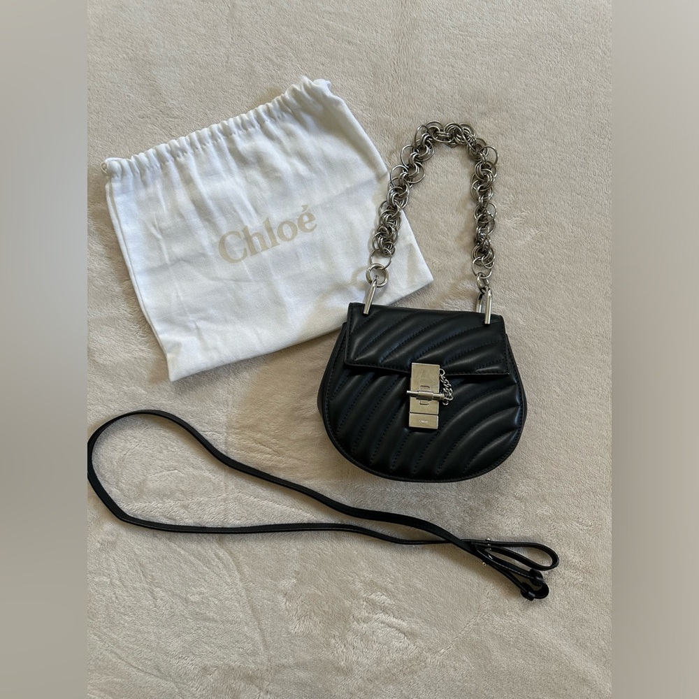 Chloé Black Quilted Mini Drew Saddle Bag with Silver Chain